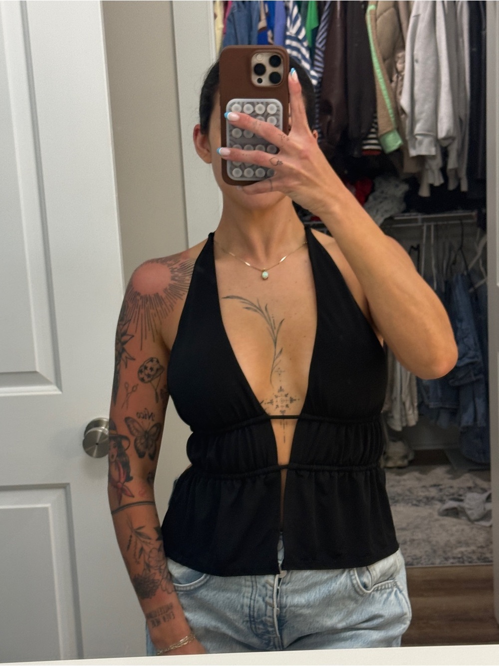 Garage Black Deep V Halter Peplum Camisole